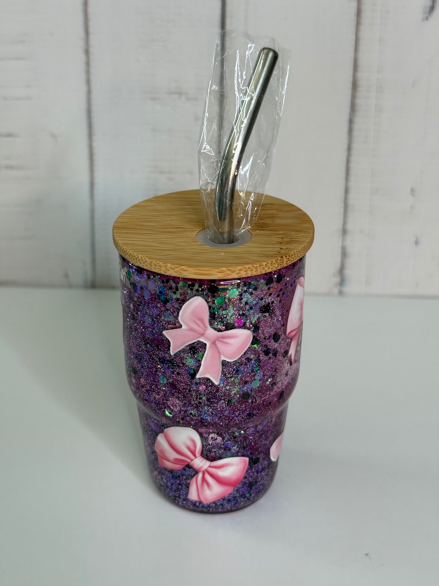 4oz Shot Glass Snow Globe with Purple Glitter & Pink Bows