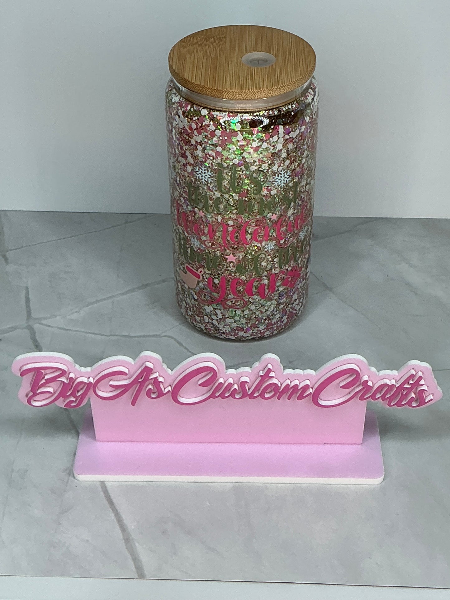 16oz Pink truck Christmas snow globe tumbler
