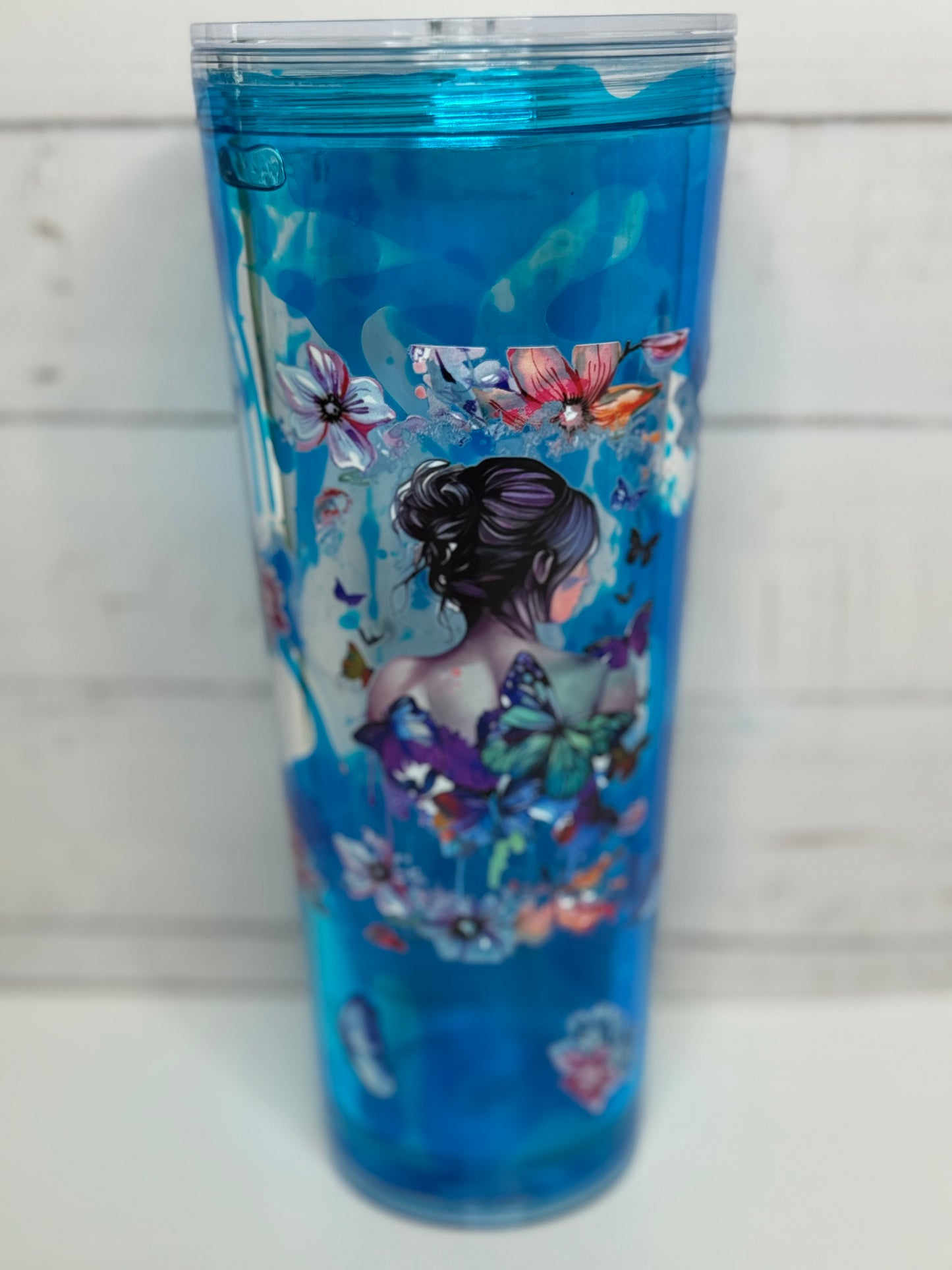 24oz Lava Drip (Blue) with Lady, flowers & butterflies
