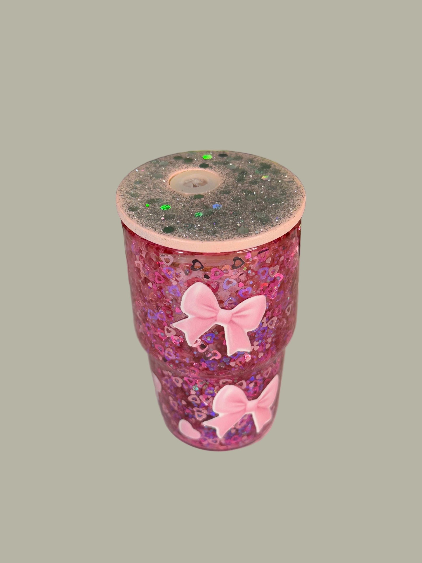 4oz Shot Glass Snow Globe with Pink Glitter & Pink Bows & A Custom Lid