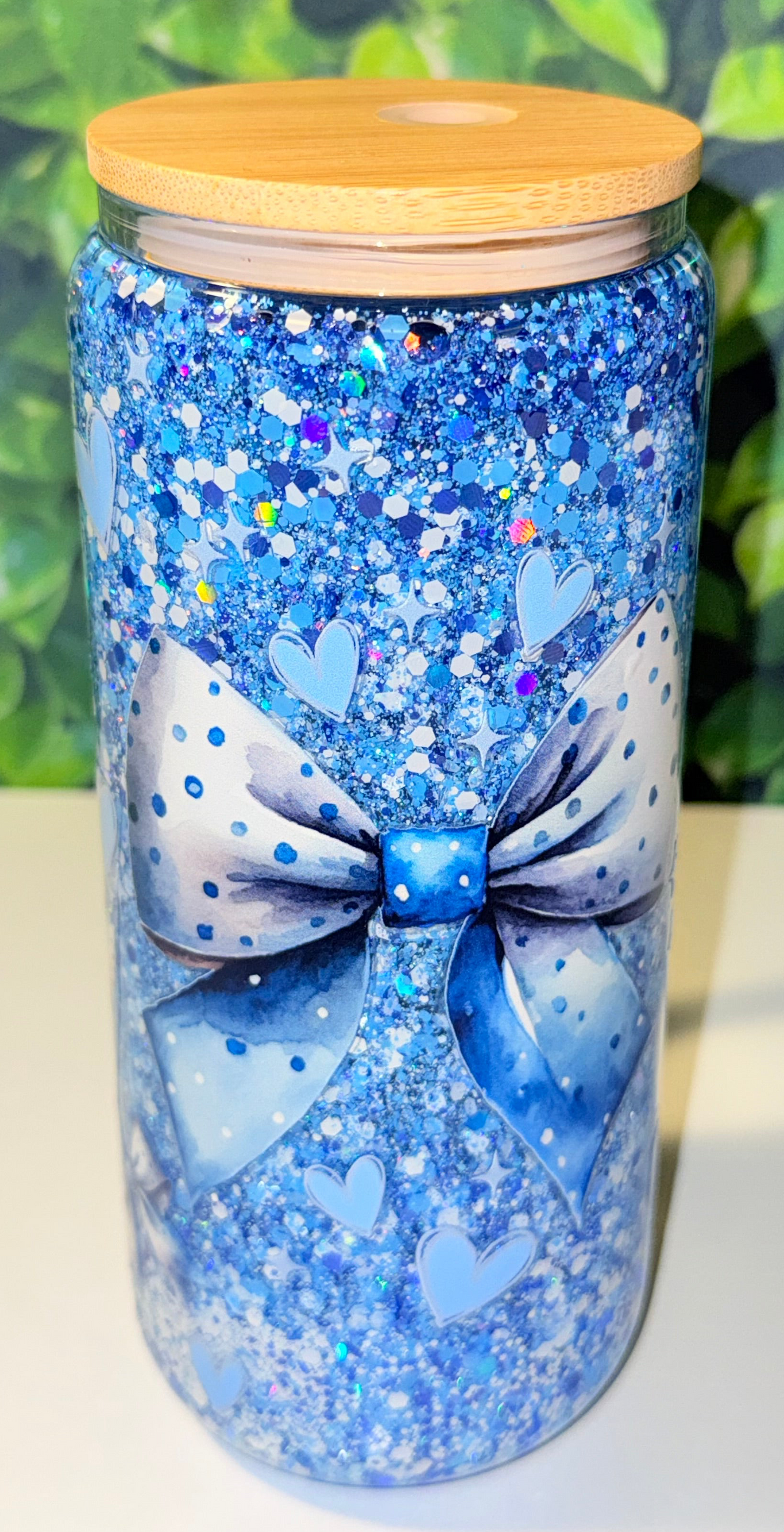 20oz Blue Bow snow globe glitter tumbler