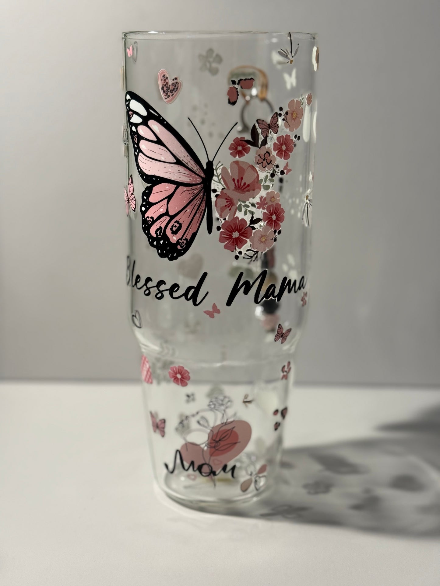 Blessed mama with butterflies 40oz glass tumbler