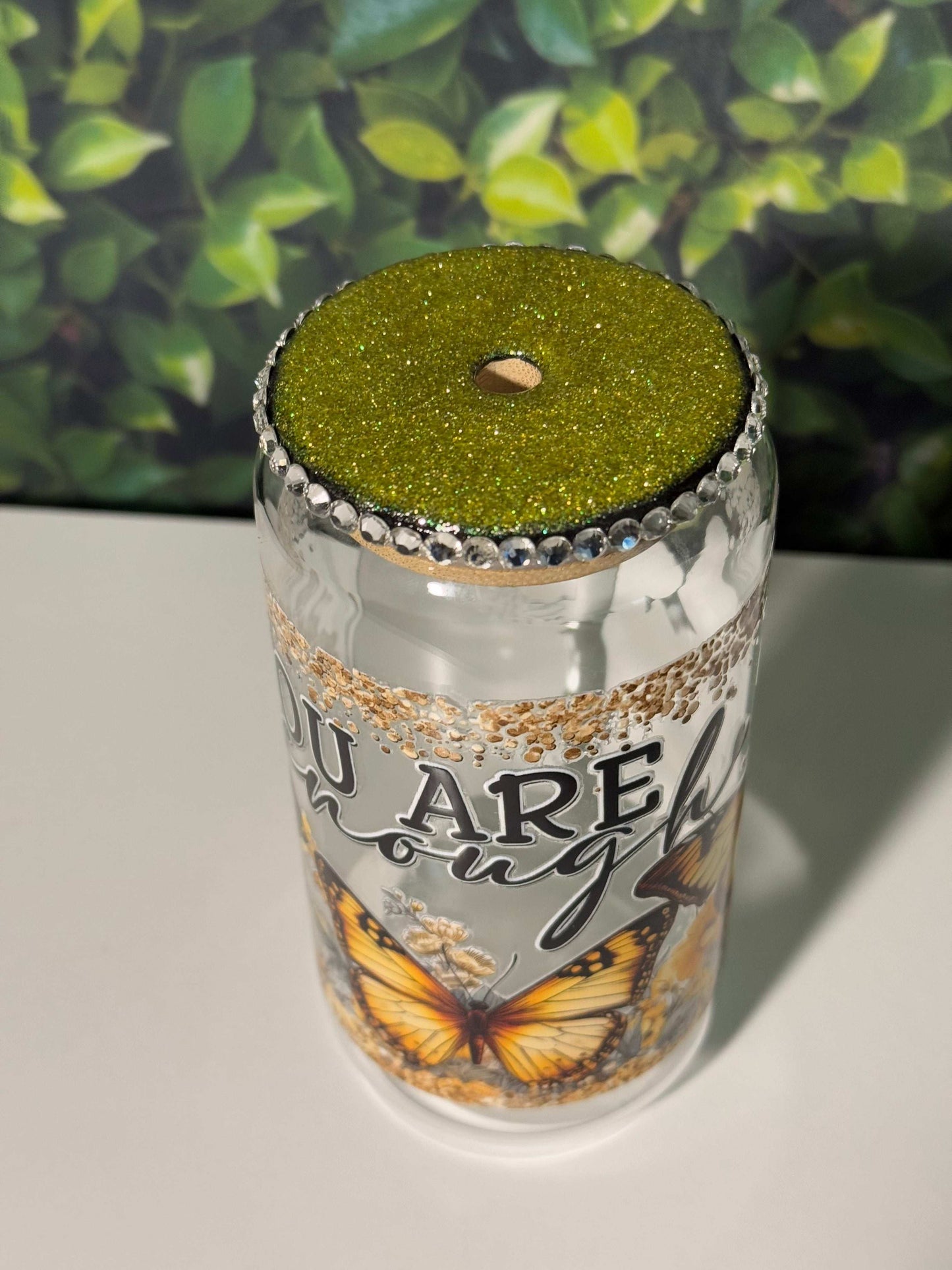 You are Enough with butterflies 16oz Glass Tumbler