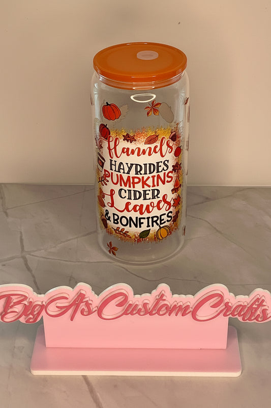 16oz Flannel Pumpkin Leaves glass cup ￼