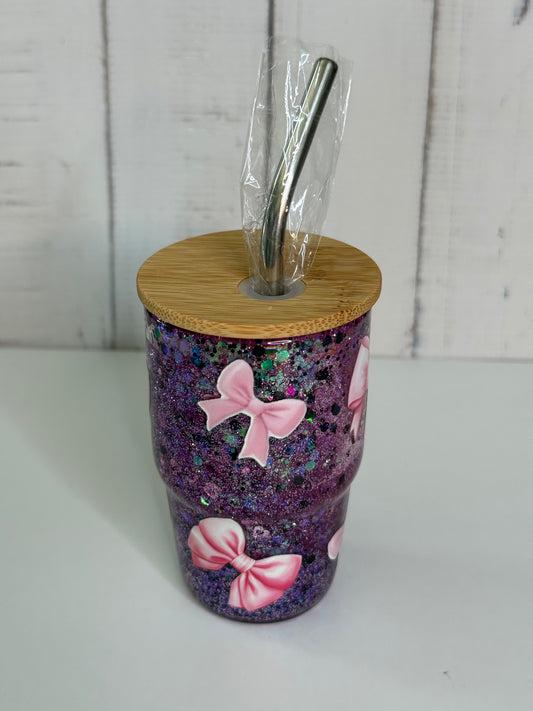 4oz Shot Glass Snow Globe with Purple Glitter & Pink Bows
