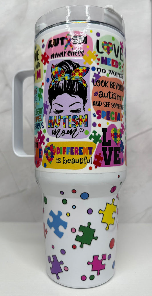 40oz Messy Bun, Autism Mom Tumbler with Quotes