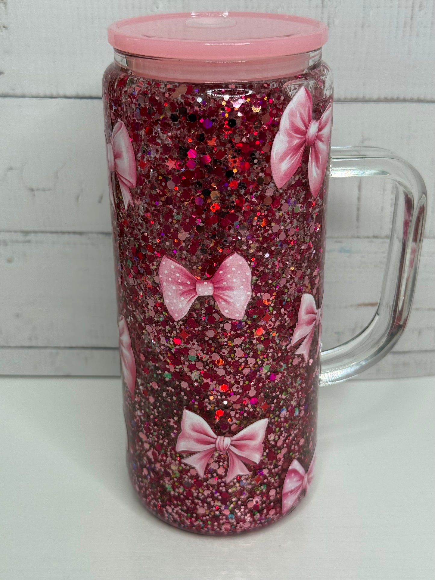 20oz Pink Bow Glass Snow Globe Tumbler with Handle