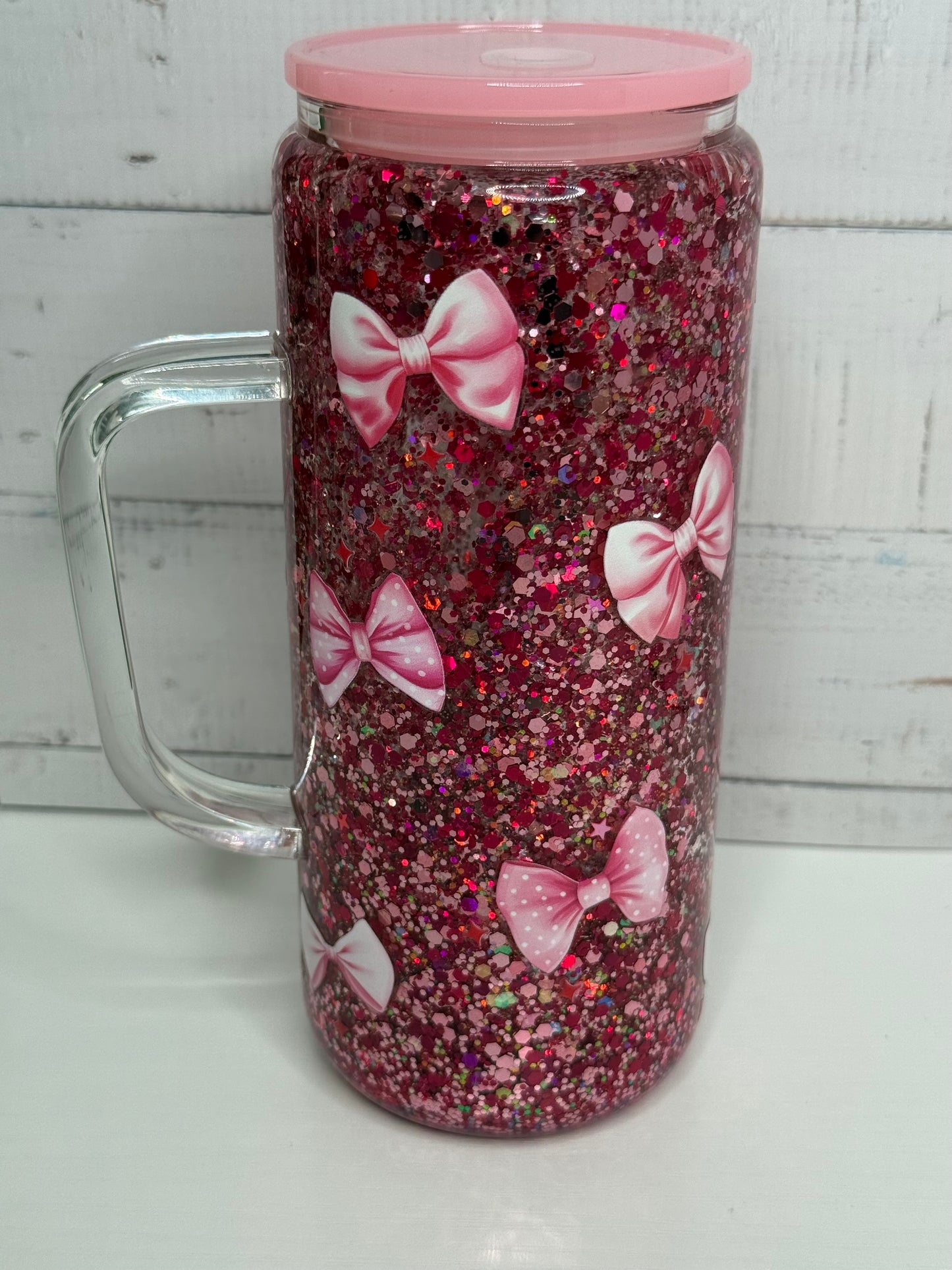 20oz Pink Bow Glass Snow Globe Tumbler with Handle