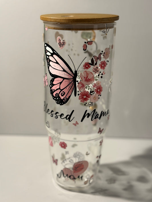 Blessed mama with butterflies 40oz glass tumbler
