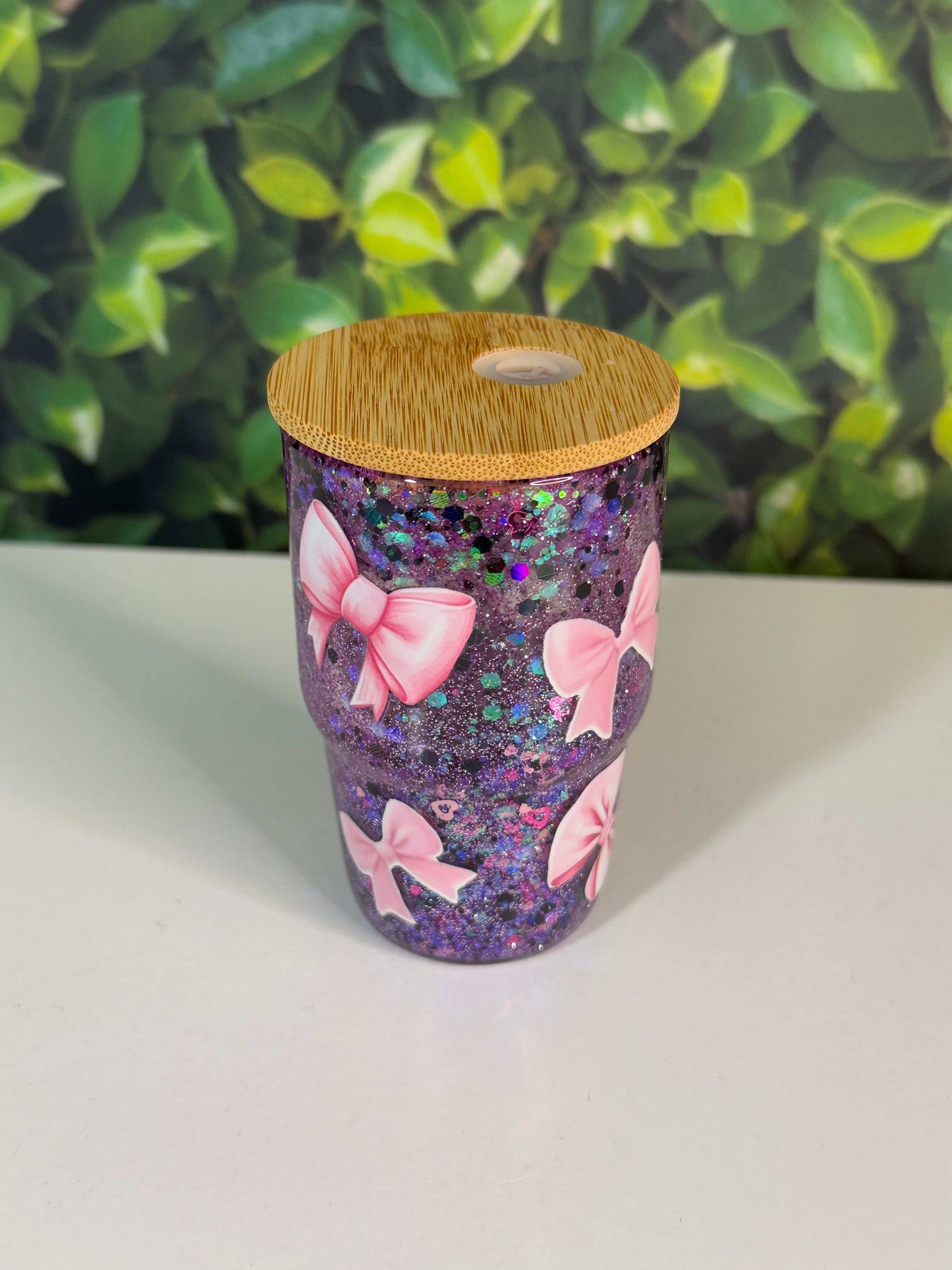 4oz Shot Glass Snow Globe with Purple Glitter & Pink Bows