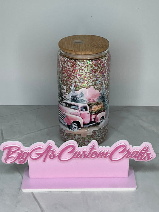 16oz Pink truck Christmas snow globe tumbler