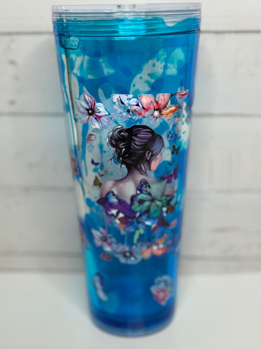24oz Lava Drip (Blue) with Lady, flowers & butterflies