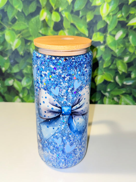 20oz Blue Bow snow globe glitter tumbler