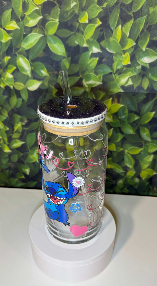 Stitch and Angel 16oz Glass tumbler with Custom Lid