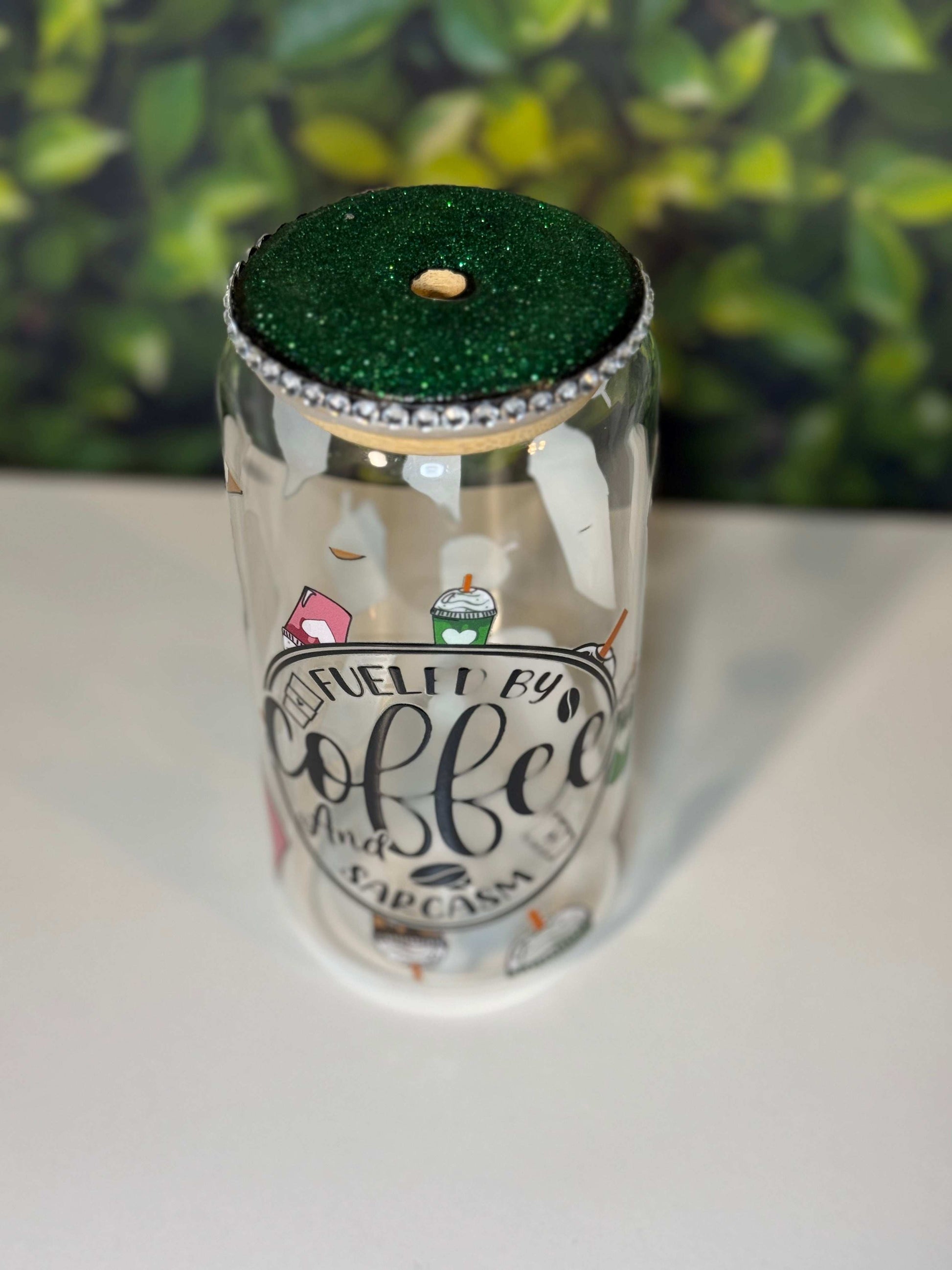 Fueled By Coffee and Sarcasm 16oz Glass can Tumbler with Custom Lid