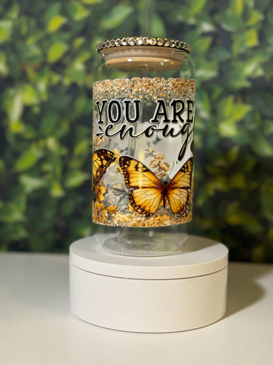 You are Enough with butterflies 16oz Glass Tumbler