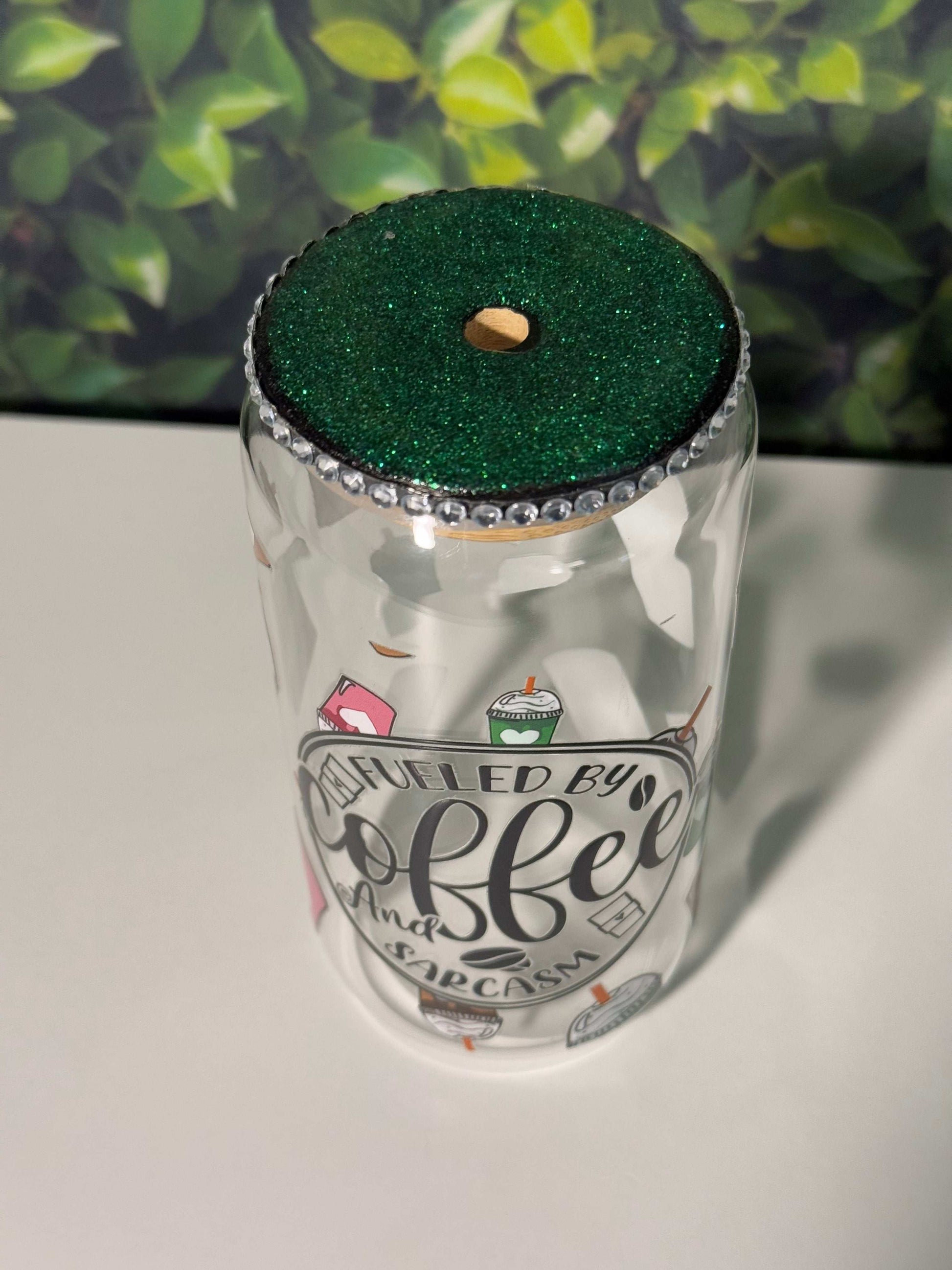 Fueled By Coffee and Sarcasm 16oz Glass can Tumbler with Custom Lid