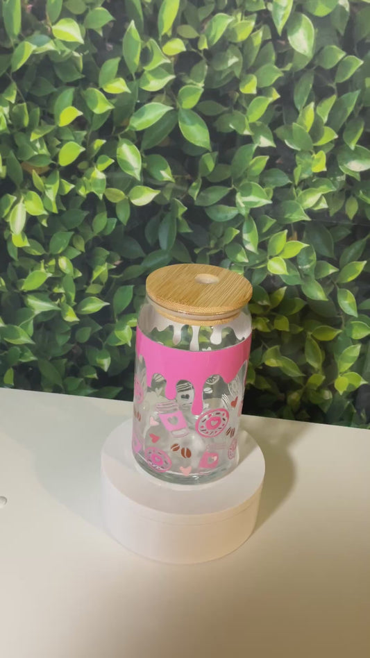 Pink drizzle donut cup 12 ounce glass